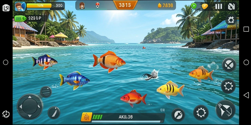 Tampilan gameplay seru dari AKUNJP dengan berbagai ikan untuk ditangkap.