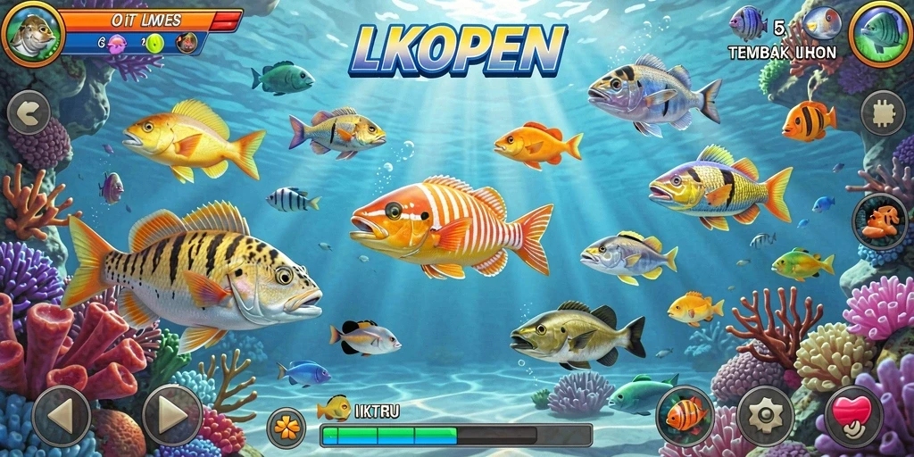 Tangkapan layar gameplay seru dari LKOPEN di lautan yang penuh ikan.