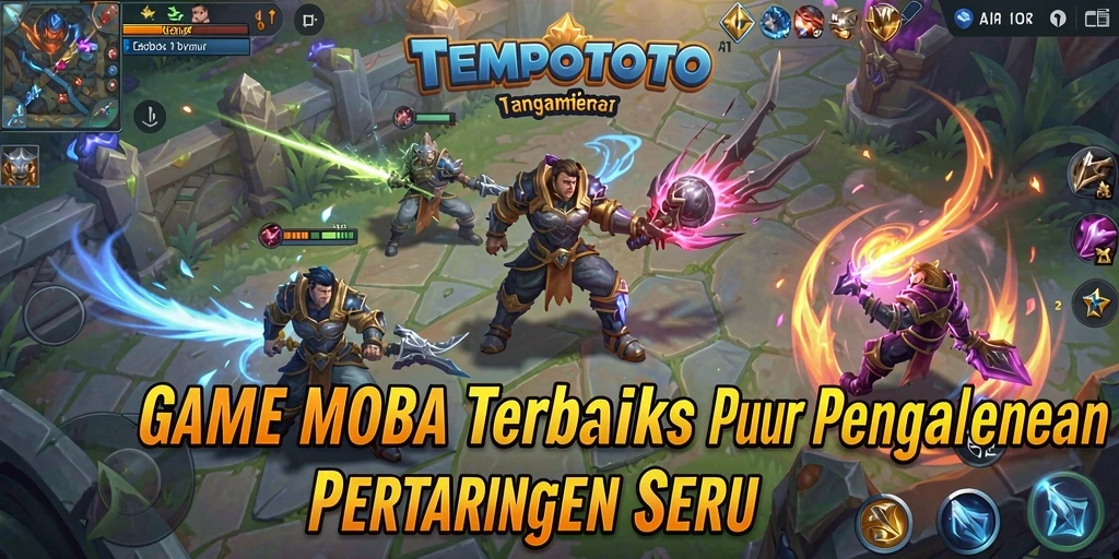 Screenshot TEMPOTOTO menampilkan pertarungan epik dalam game MOBA.